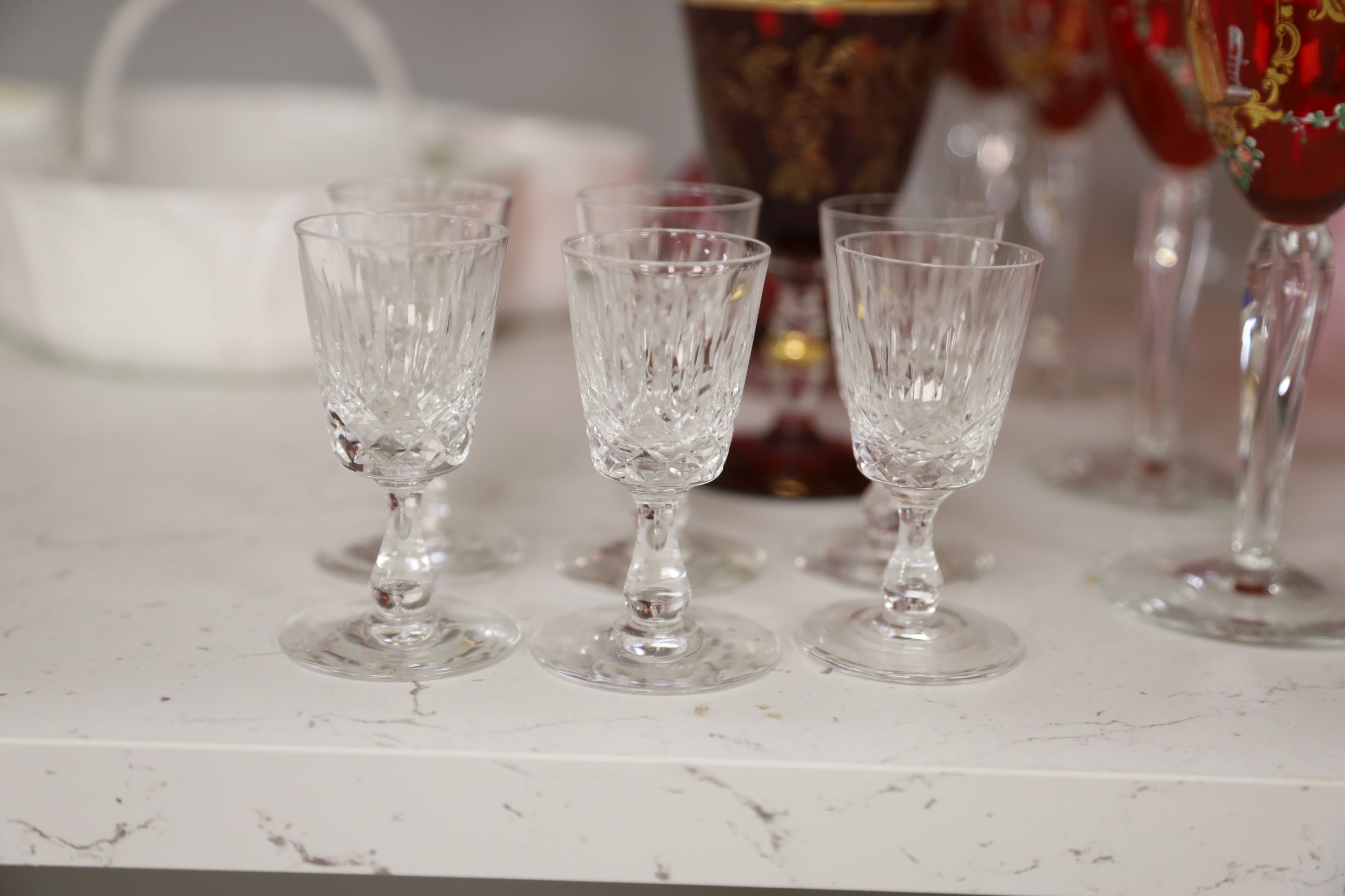 A quantity of glassware, including two Orrefors bowls (one boxed), a large iridescent centrepiece bowl,